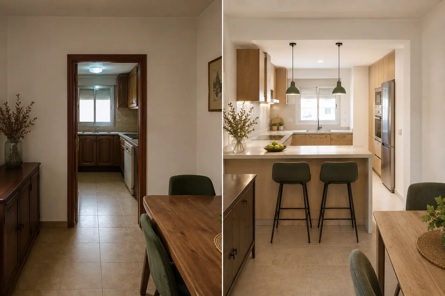 Antes y después de una cocina cerrada transformada en cocina comedor con barra americana en Málaga