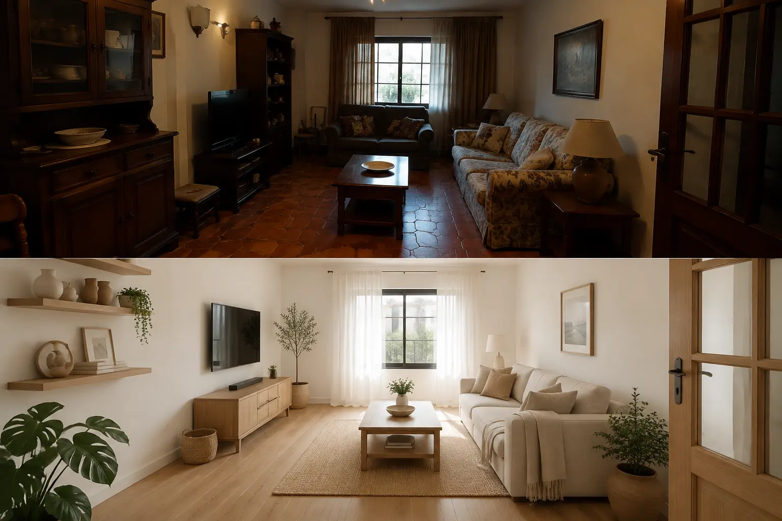 Antes y después: Salón con suelo continuo