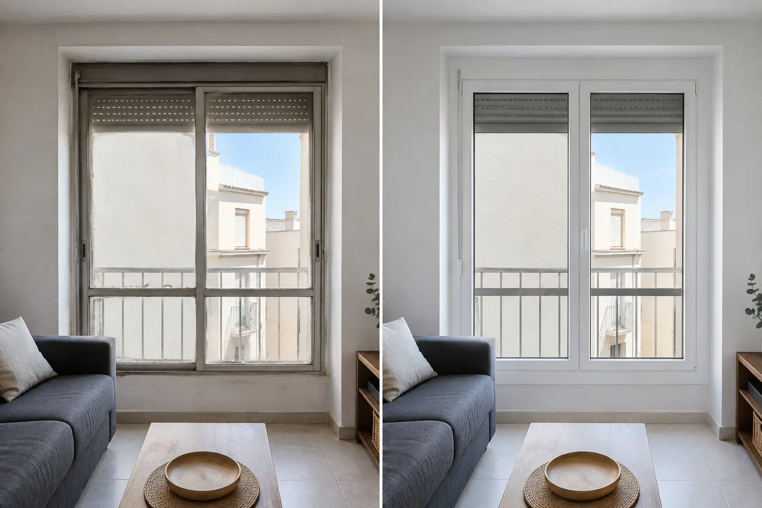 Comparativa antes y después de sustituir una ventana antigua de aluminio por una ventana de PVC en Málaga